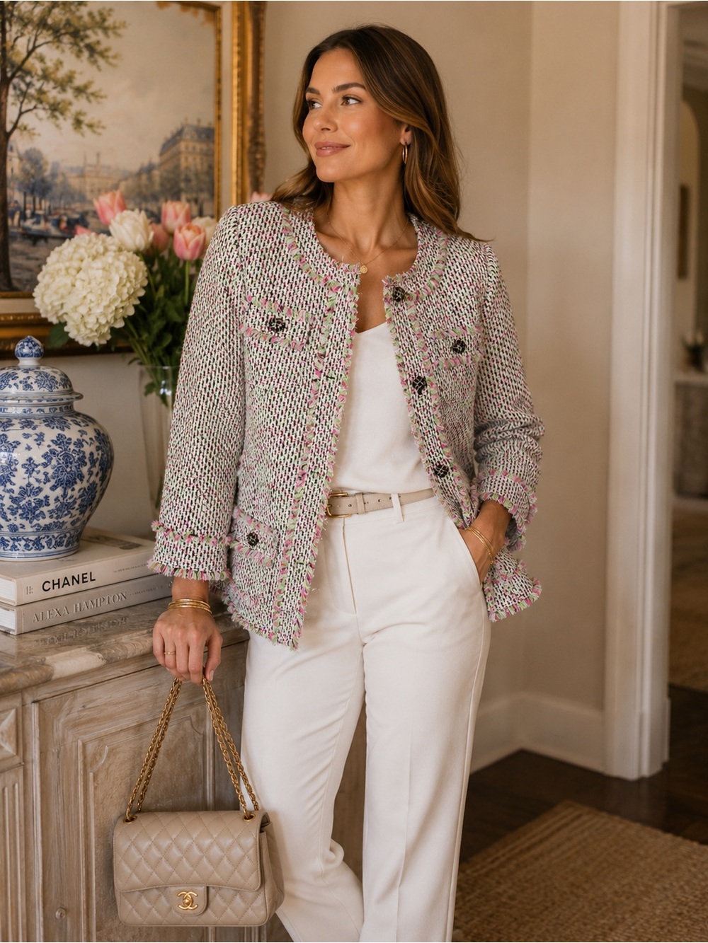Talbots Petites Fringe Tweed Jacket Pink Green Boucle Blazer 6P